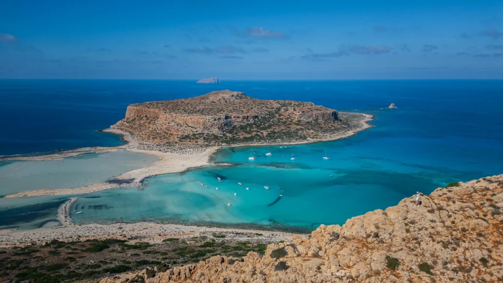 A breathtaking aerial view of Balos Beach in Greece with turquoise waters and sandy shores.